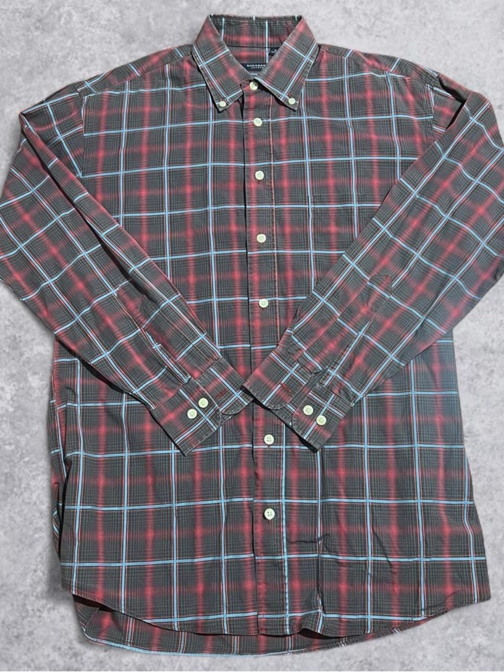 Burberry London Mens Small Red Long Sleeve Button Up Plaid Made In USA Cotton